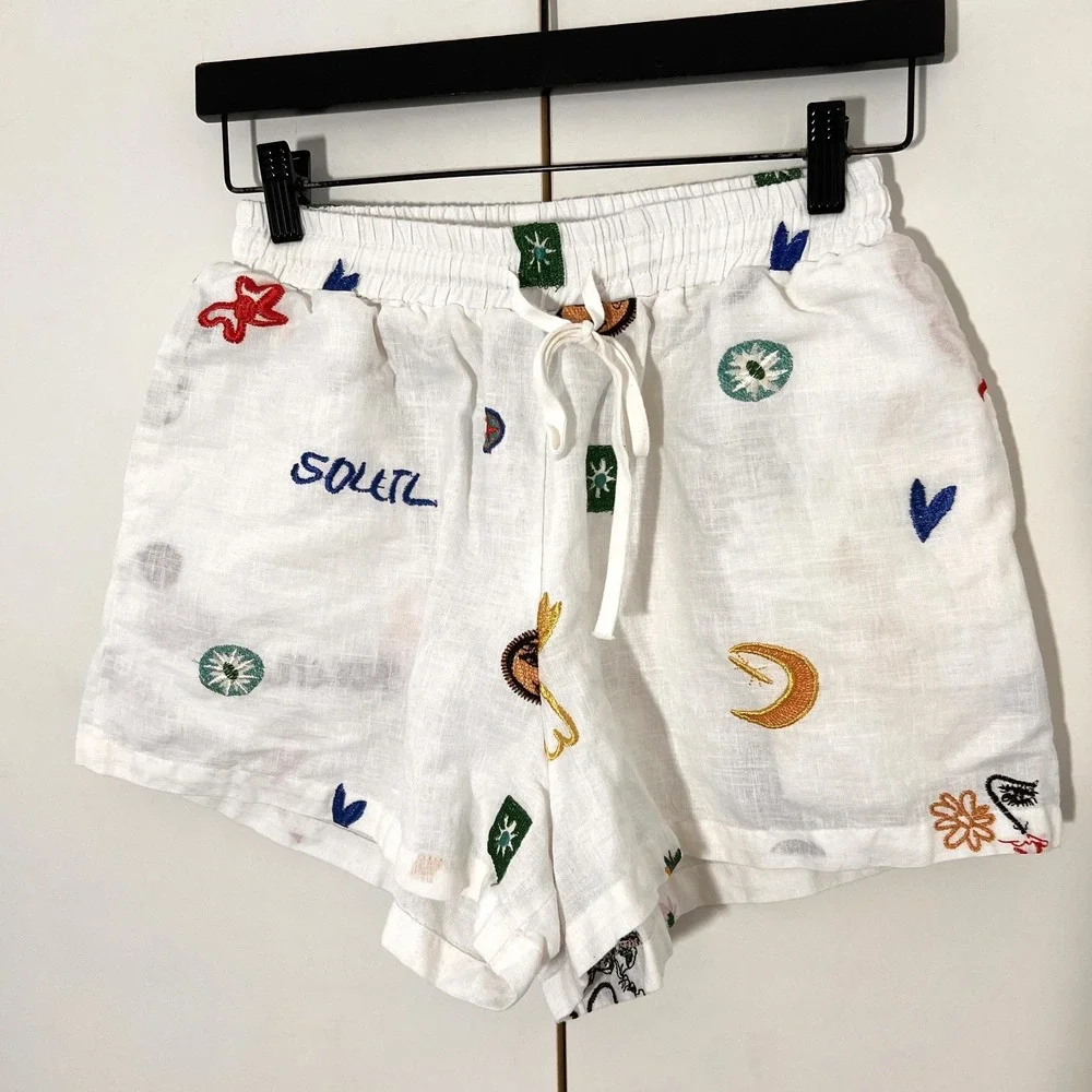 Beulah Style Shorts Small Embroidered Soleil Sun Celestial Resort Boho Coastal